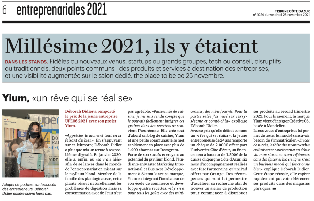 article Yium tribune côte d'azur presse journal prix de la jeune entreprise 2021 upe06 les entreprenariales salon
